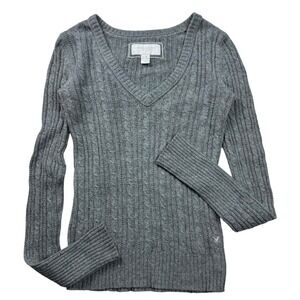 VTG Y2K American Eagle Gray Cable Knit V-Neck Sweater Fitted Long Sleeve XS